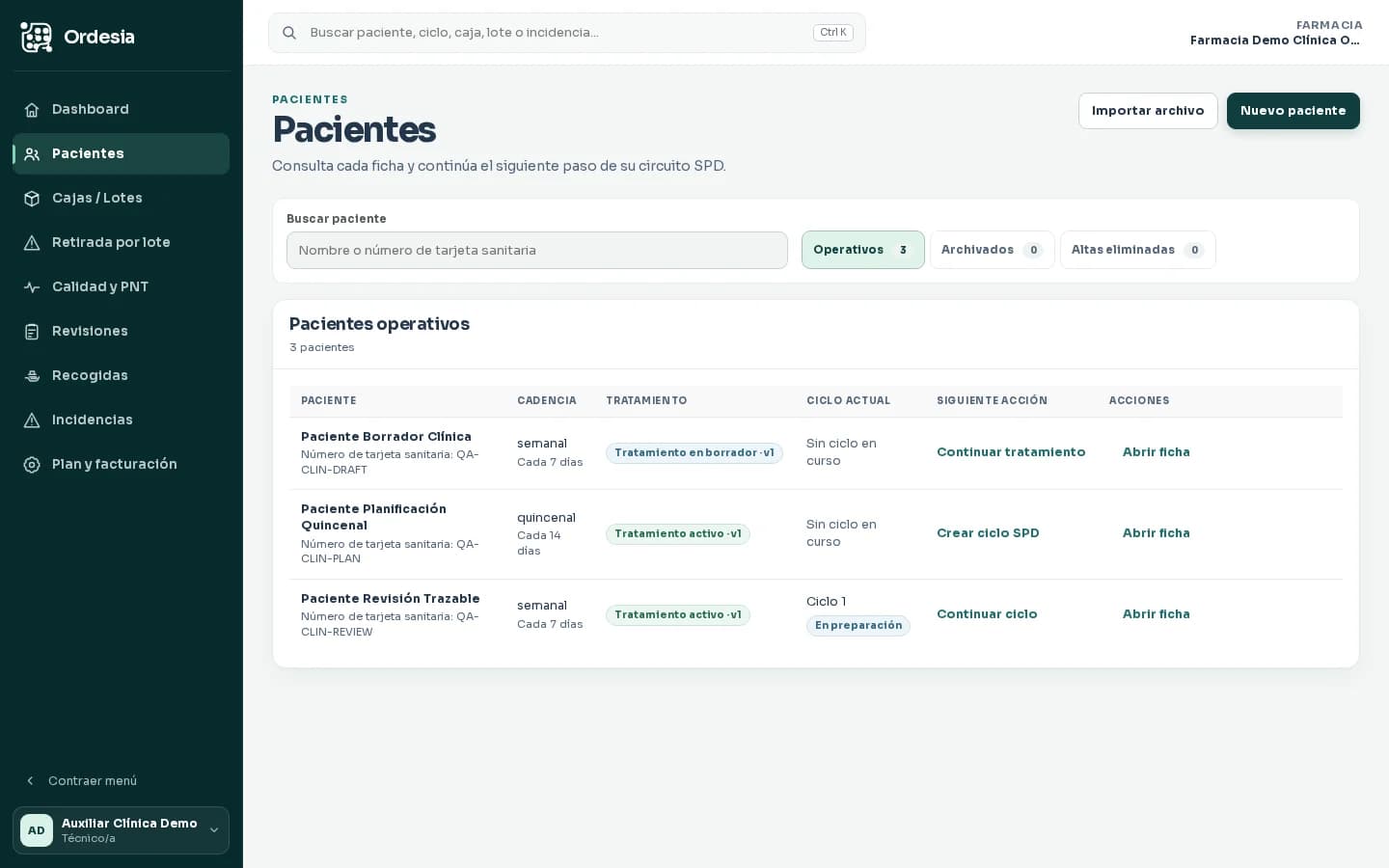 Lista ficticia de pacientes de Ordesia con nombres de demostración y sin datos personales reales
