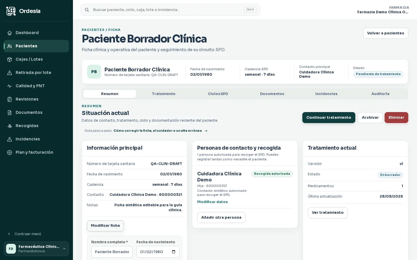 Ficha ficticia de paciente en edición dentro de Ordesia con campos de ejemplo y sin datos reales