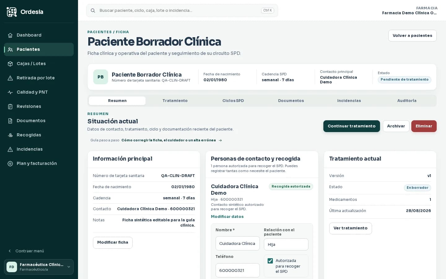 Formulario ficticio para modificar el cuidador de un paciente en Ordesia sin datos personales reales