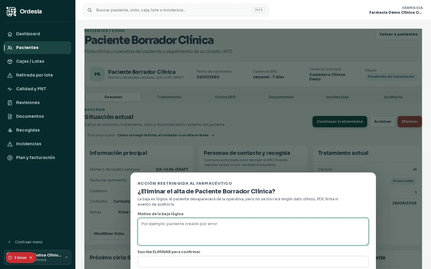 Diálogo ficticio de Ordesia para retirar de la operativa una ficha duplicada sin datos personales reales
