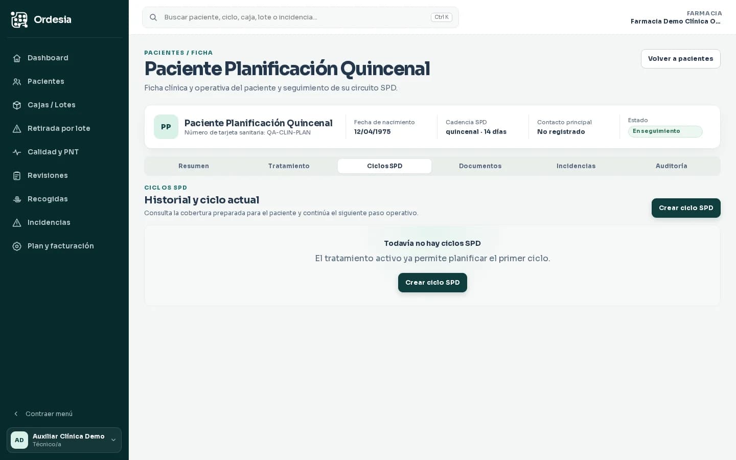 Sección ficticia de ciclos SPD de un paciente en Ordesia sin datos clínicos reales