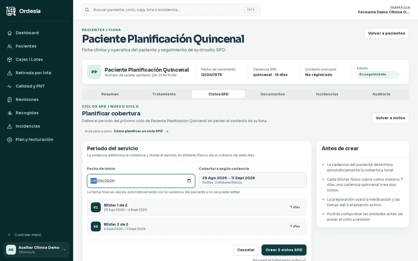 Formulario ficticio de fecha y frecuencia de un ciclo SPD en Ordesia sin datos clínicos reales