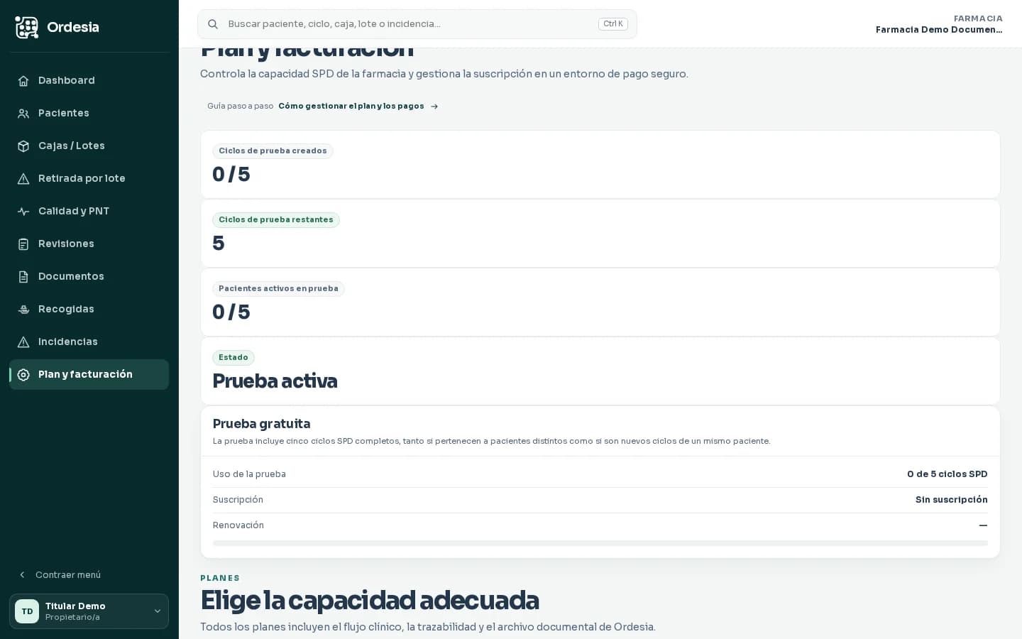 Panel ficticio de prueba gratuita de Ordesia con ciclos disponibles y sin datos de farmacia reales