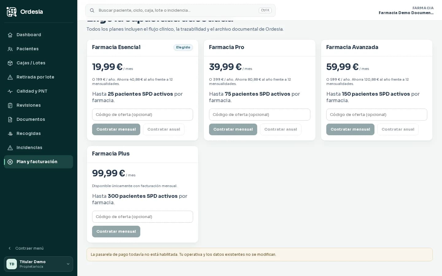 Comparativa ficticia de planes mensuales y anuales de Ordesia sin datos de cliente reales
