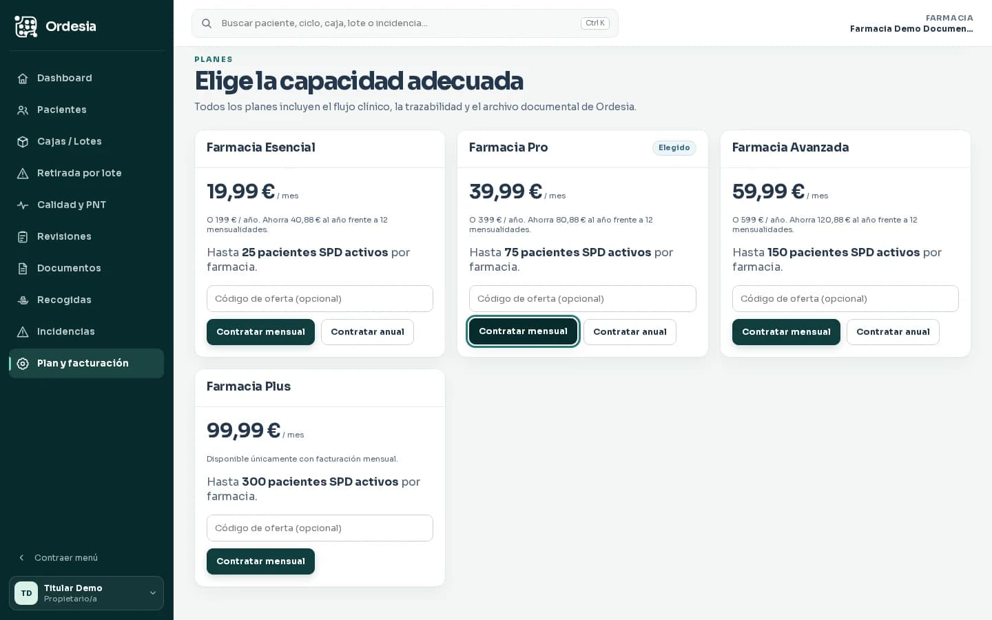 Plan Farmacia Pro ficticio seleccionado en Ordesia antes de abrir el pago seguro y sin datos financieros reales