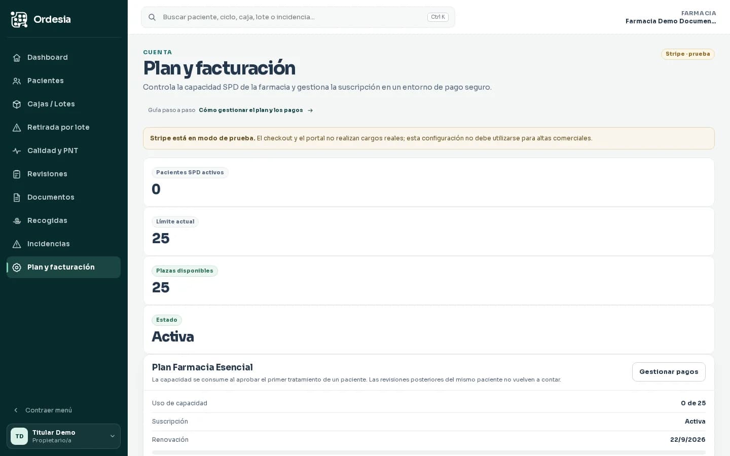 Portal ficticio de pagos de Ordesia con método de pago y renovación de ejemplo sin datos financieros reales