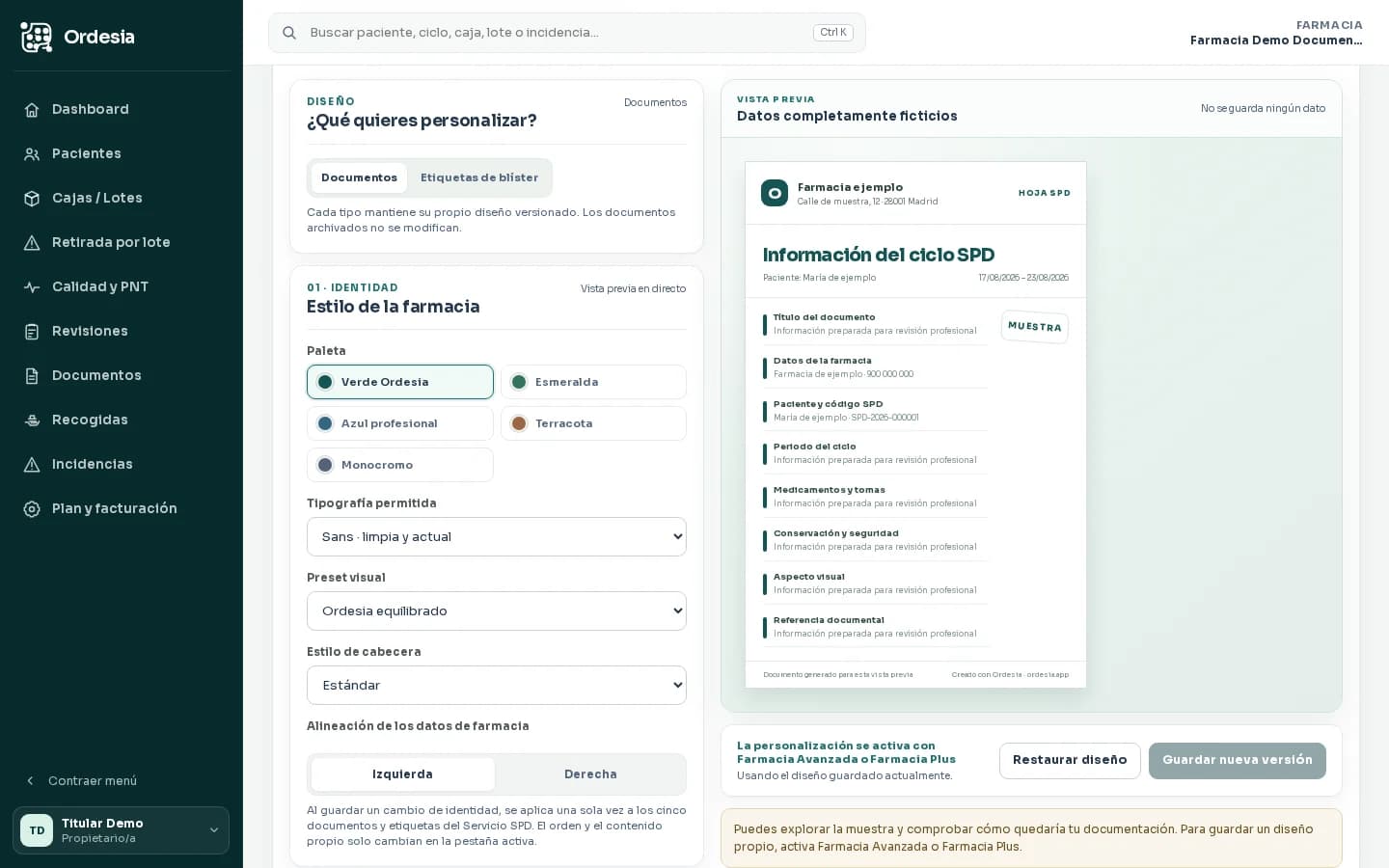 Editor ficticio de diseño de documentos de Ordesia con capacidades del plan y opciones protegidas sin datos reales