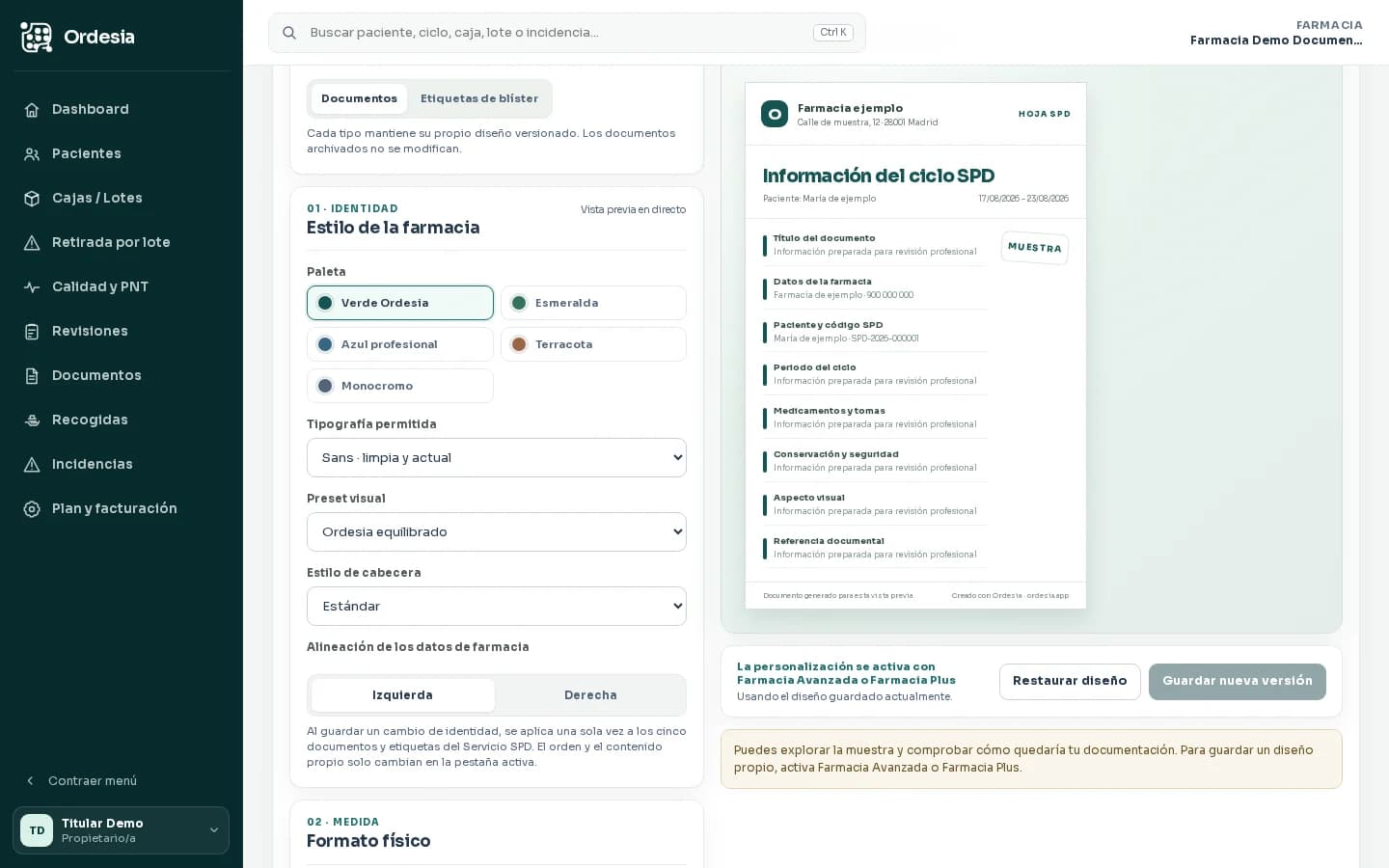 Vista ficticia del historial de documentos de Ordesia con versiones de diseño conservadas y sin datos reales