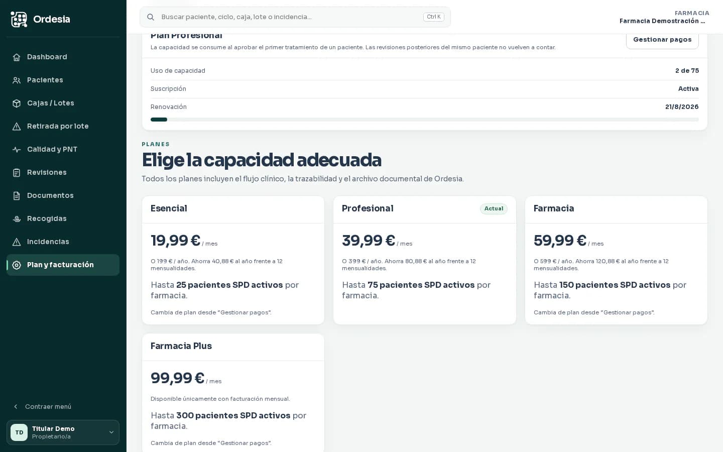 Panel ficticio de plan y facturación de Ordesia con capacidad de pacientes y tarjetas de planes