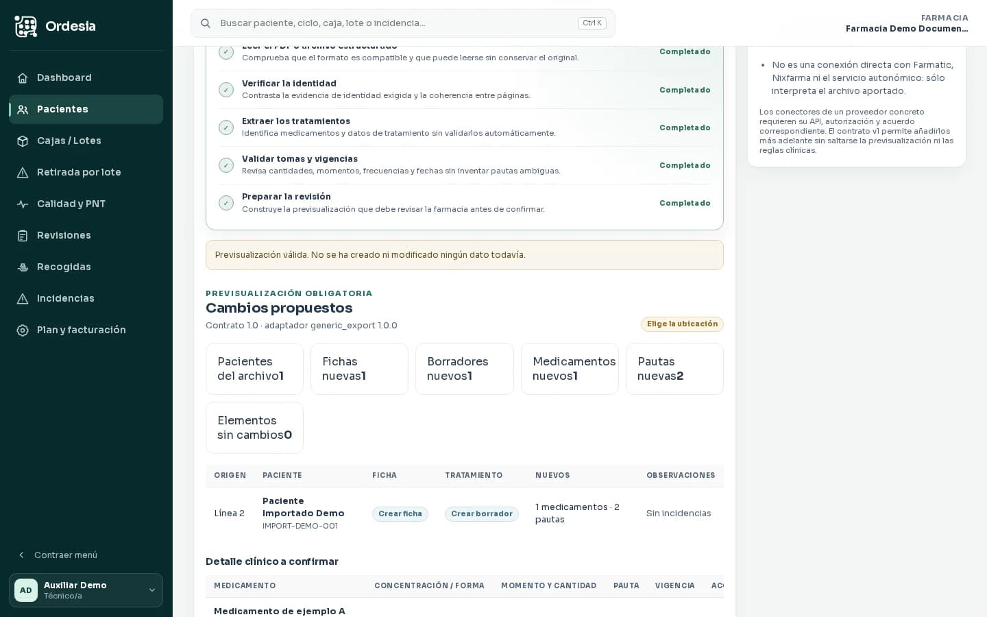 Previsualización ficticia de una hoja de receta electrónica en Ordesia sin datos personales reales