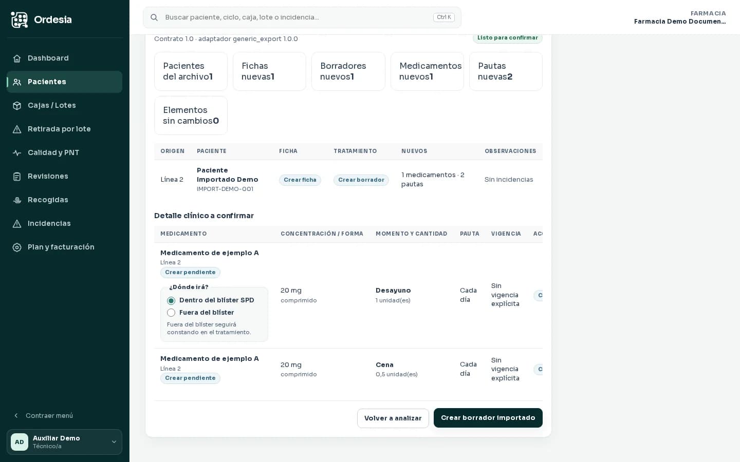 Confirmación ficticia de una importación de receta electrónica en Ordesia sin datos personales reales