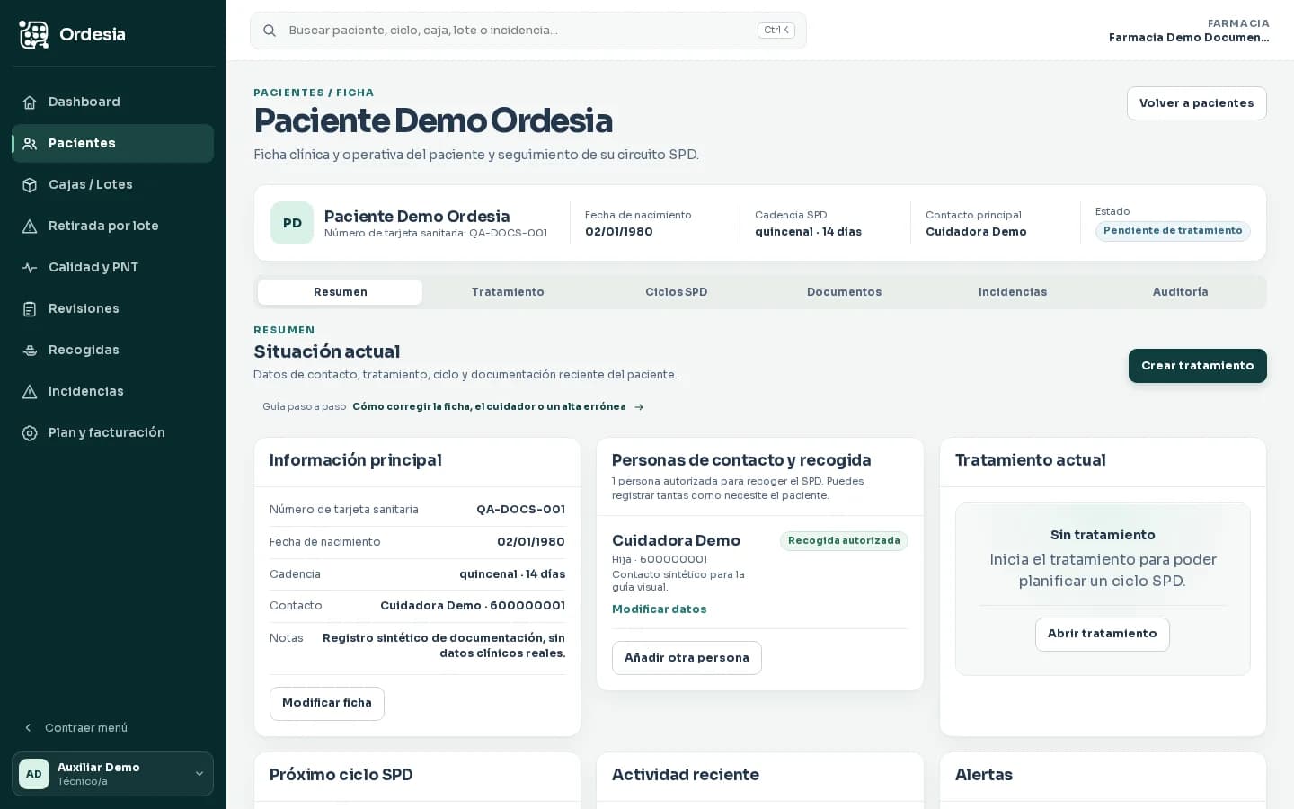 Borrador ficticio de paciente y tratamiento importado en Ordesia sin datos clínicos reales