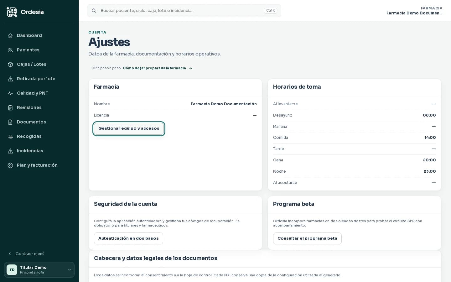 Ajustes ficticios de equipo y accesos de una farmacia en Ordesia sin datos personales reales