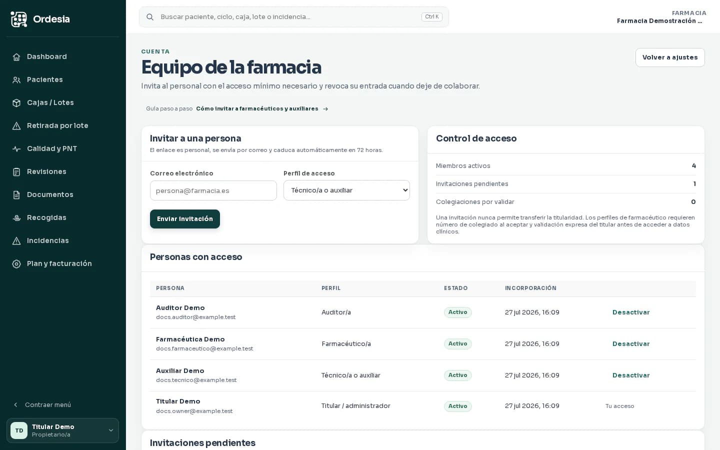 Pantalla ficticia de equipo de Ordesia con un formulario para invitar por correo y seleccionar un perfil