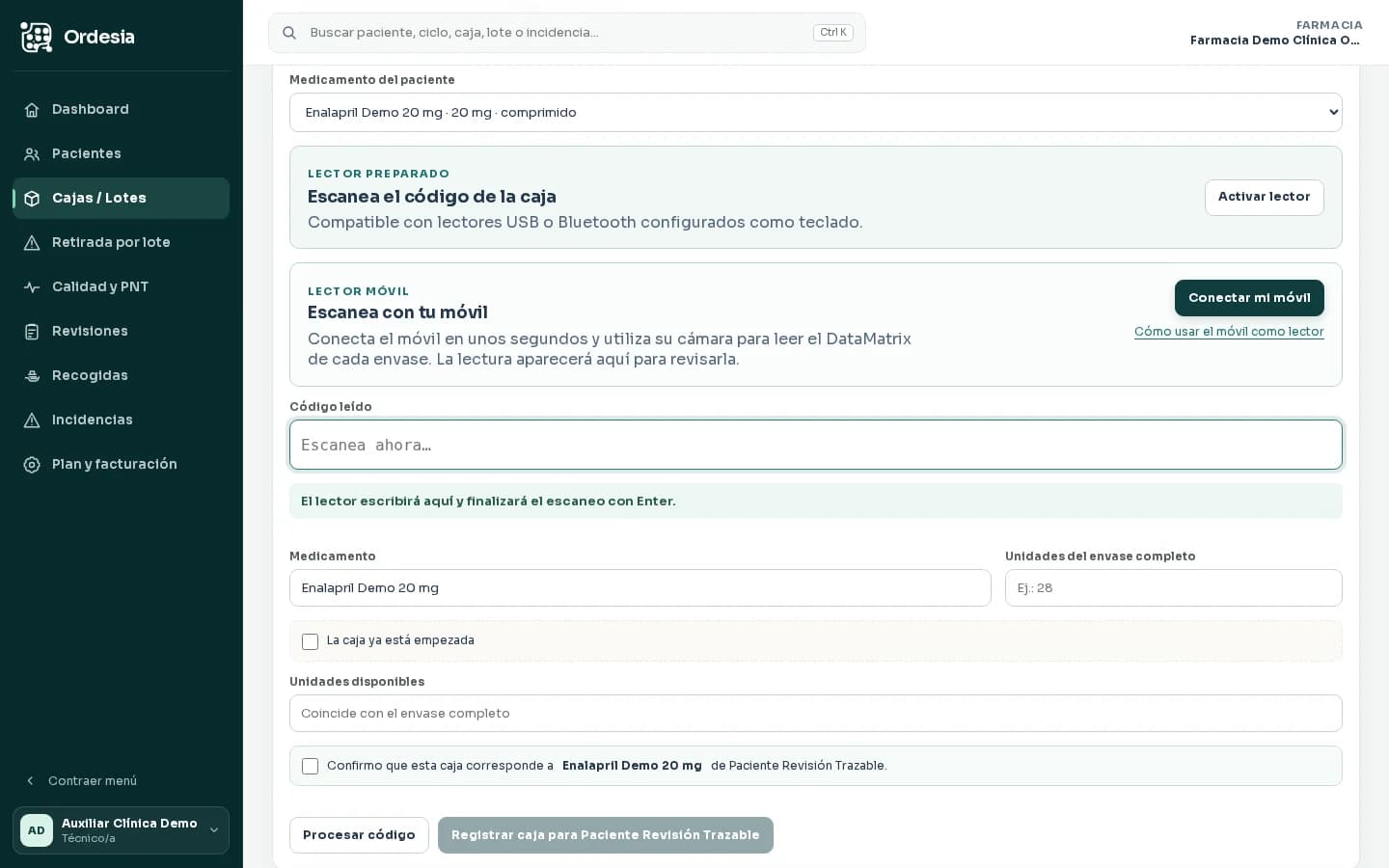 Formulario ficticio de registro de una caja y lote en Ordesia sin datos de medicamentos reales
