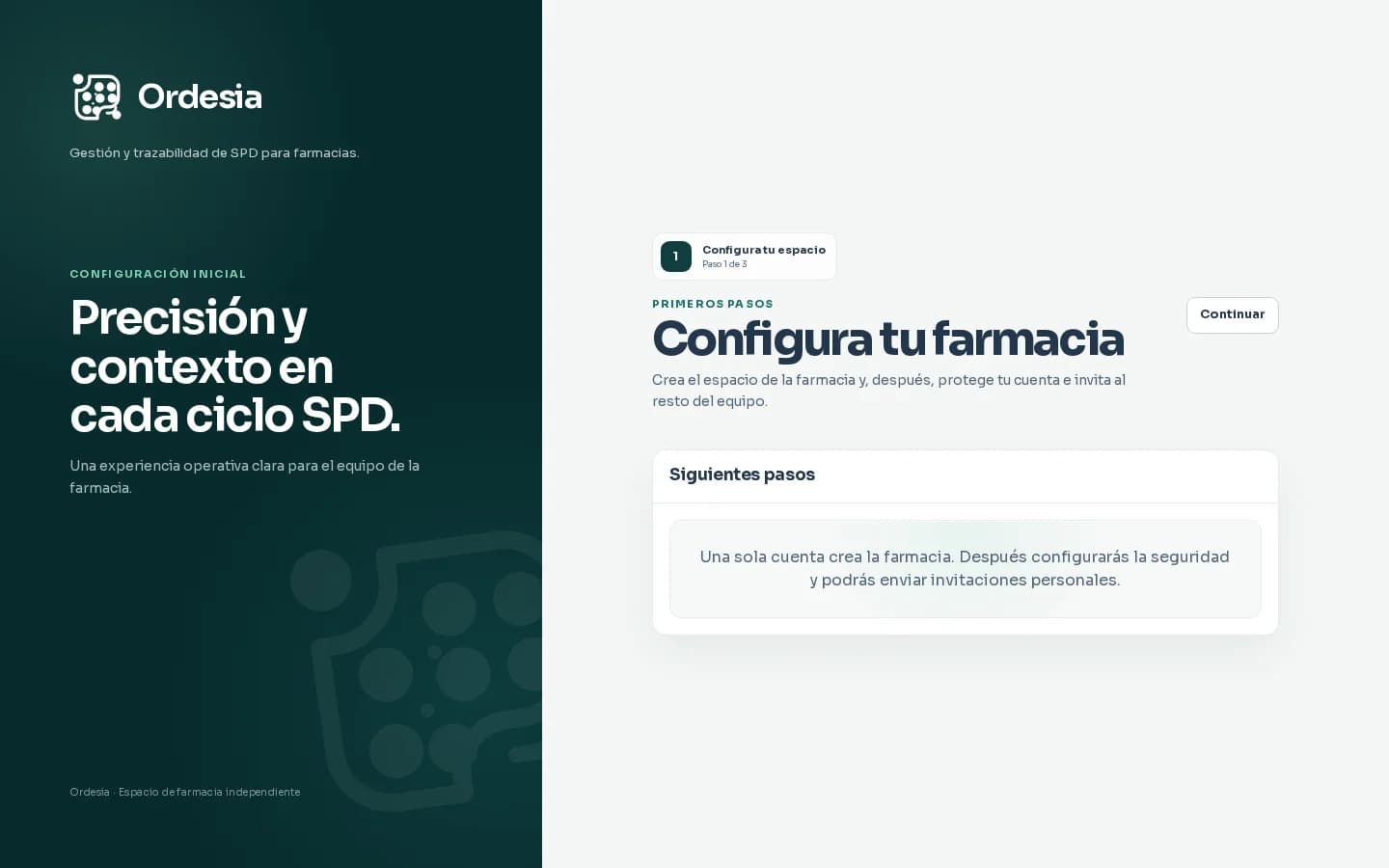 Primer acceso ficticio a Ordesia en la pantalla inicial para configurar la farmacia sin datos personales reales