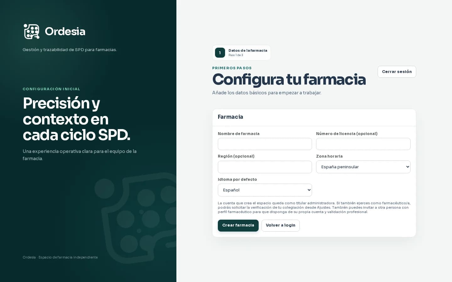 Formulario ficticio de creación del espacio de una farmacia en Ordesia sin datos personales reales