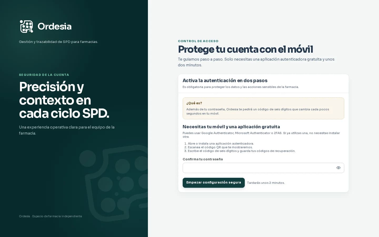 Pantalla ficticia de activación de autenticación en dos pasos de Ordesia sin códigos ni cuentas reales