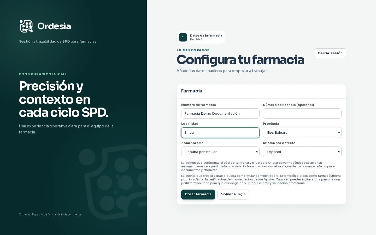 Formulario ficticio de alta de farmacia con localidad y provincia seleccionadas y territorio derivado sin datos reales
