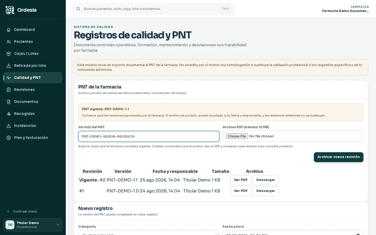 Archivo ficticio del PNT en Sistema de calidad de Ordesia con una revisión vigente y sin datos reales