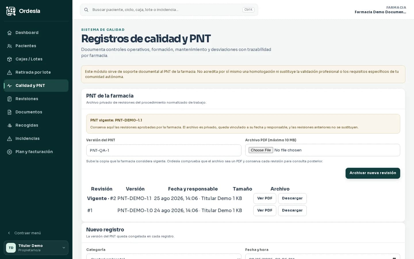 Listado ficticio de revisiones del PNT con acciones para ver o descargar y vínculo a Servicio SPD