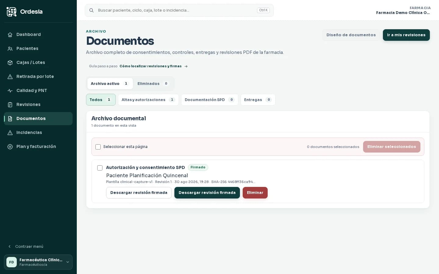 Archivo ficticio de documentos de Ordesia con filtros de categoría y estado y sin datos reales