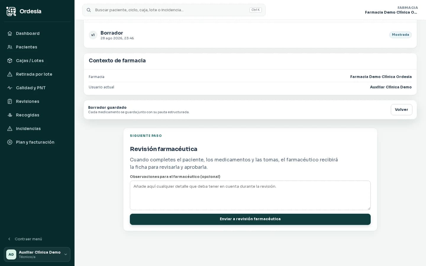 Panel ficticio de solicitud y aprobación de tratamiento en Ordesia sin datos clínicos reales