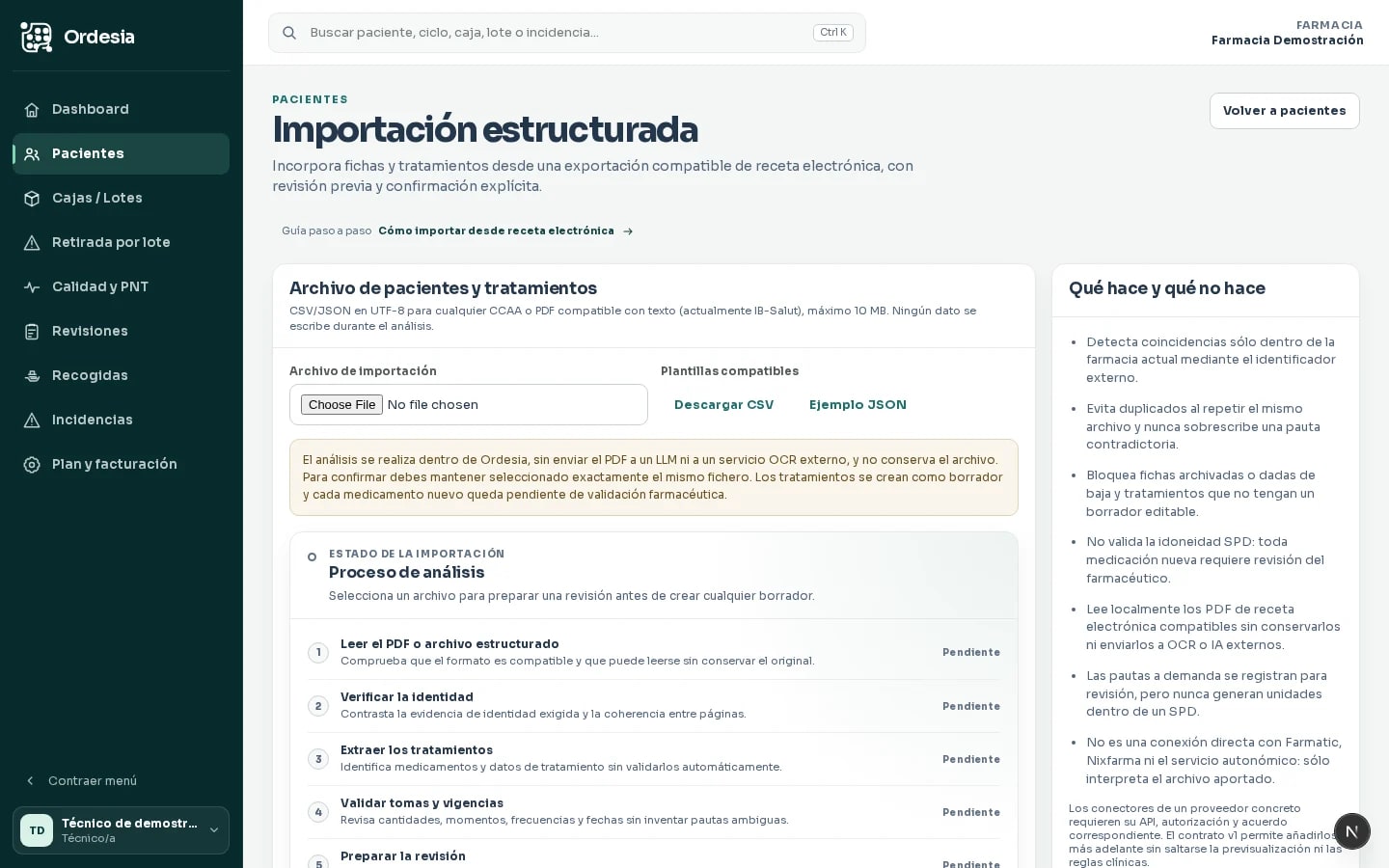Pantalla de Ordesia para importar una receta electrónica y revisar propuestas de medicamentos con datos de demostración