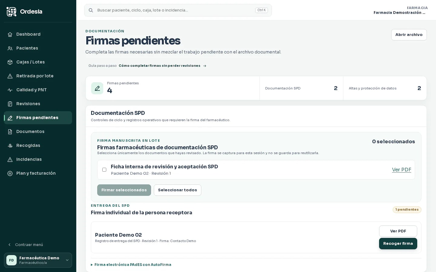 Pantalla de Ordesia para revisar, firmar y archivar documentos de un ciclo SPD con datos de demostración