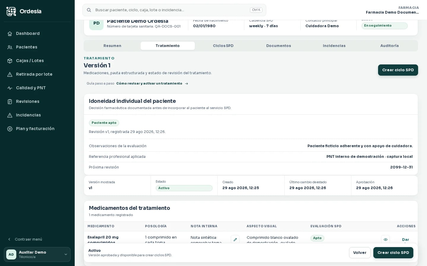 Pantalla de Ordesia para revisar y validar un tratamiento con medicamentos y pautas de demostración