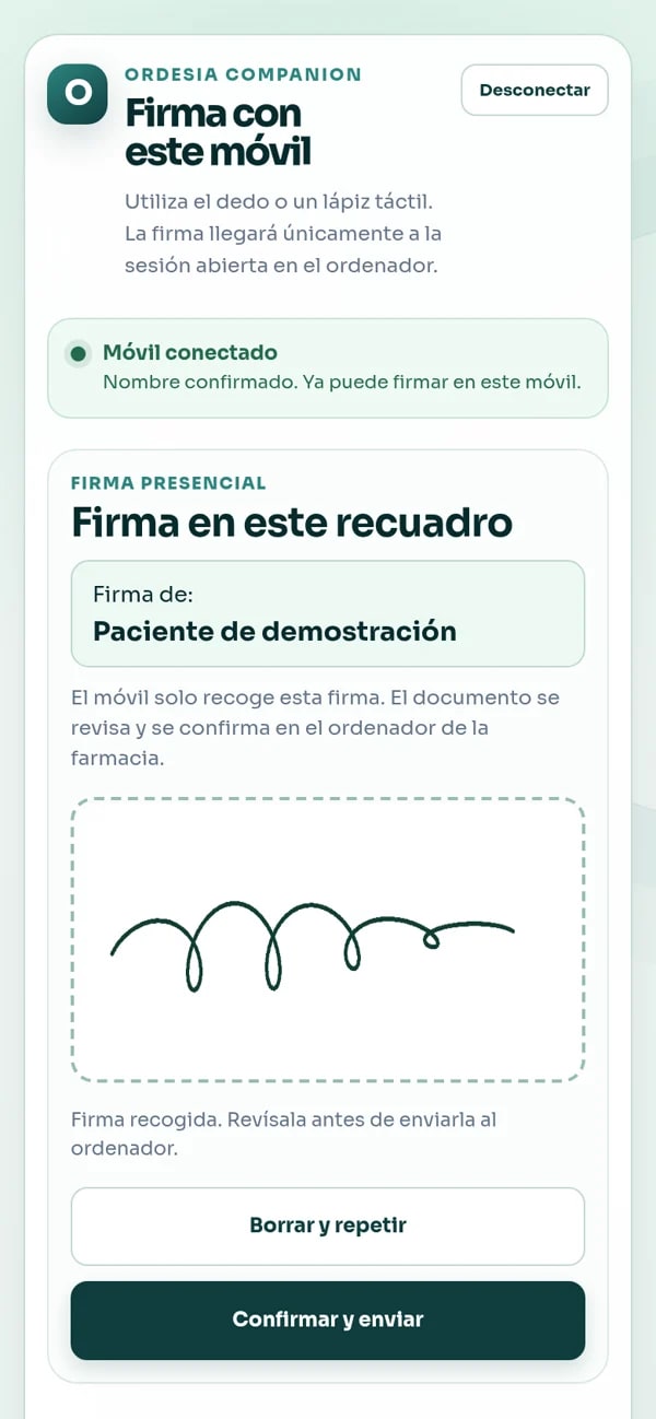 Pantalla de Ordesia en el móvil para recoger una firma presencial de un paciente de demostración