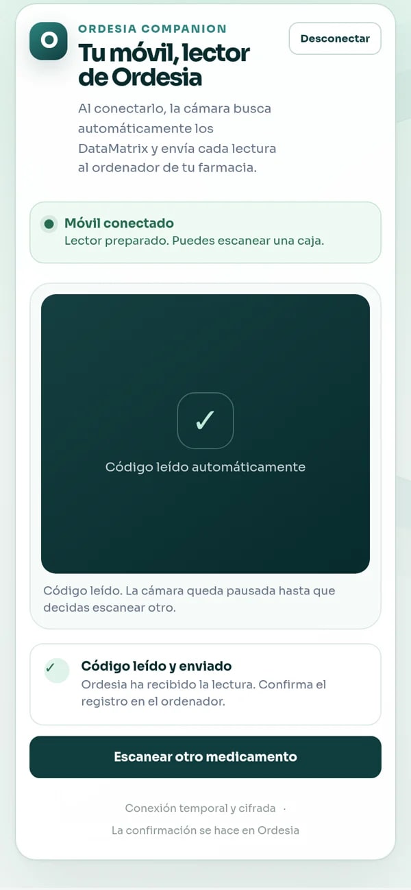 Pantalla de Ordesia en el móvil después de leer el código DataMatrix de un envase, con datos de demostración