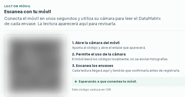 Pantalla de Ordesia en el ordenador con el QR temporal para conectar el móvil, con datos de demostración