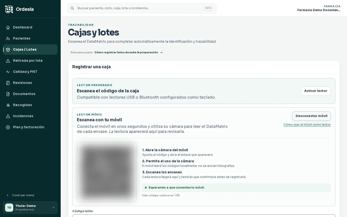 Panel ficticio de Ordesia con un QR temporal para conectar el móvil como lector