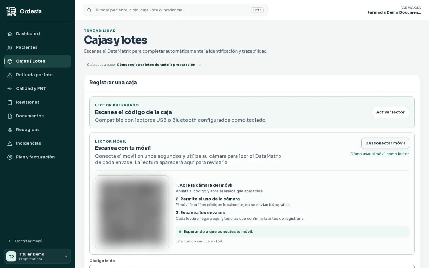 Pantalla ficticia de Ordesia Companion conectada al ordenador sin datos de farmacia reales