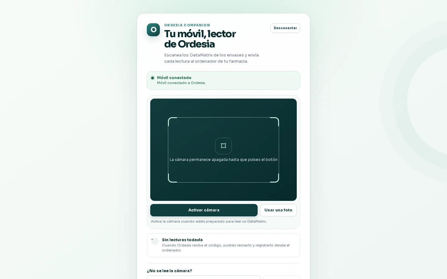 Cámara ficticia de Ordesia Companion enfocando un DataMatrix de demostración sin datos de medicamento reales