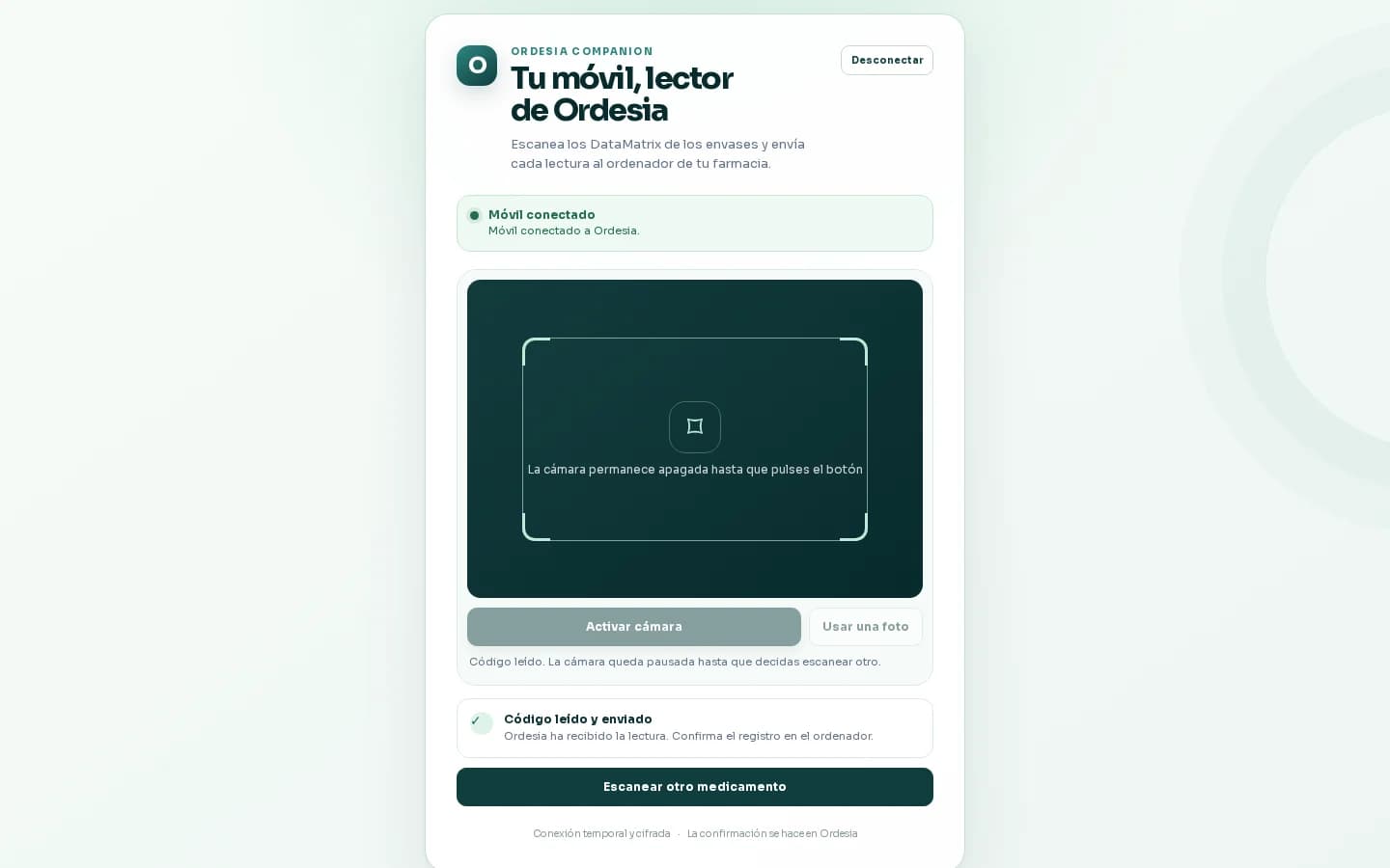 Resultado ficticio de una lectura DataMatrix recibida en Ordesia con lote y caducidad de ejemplo