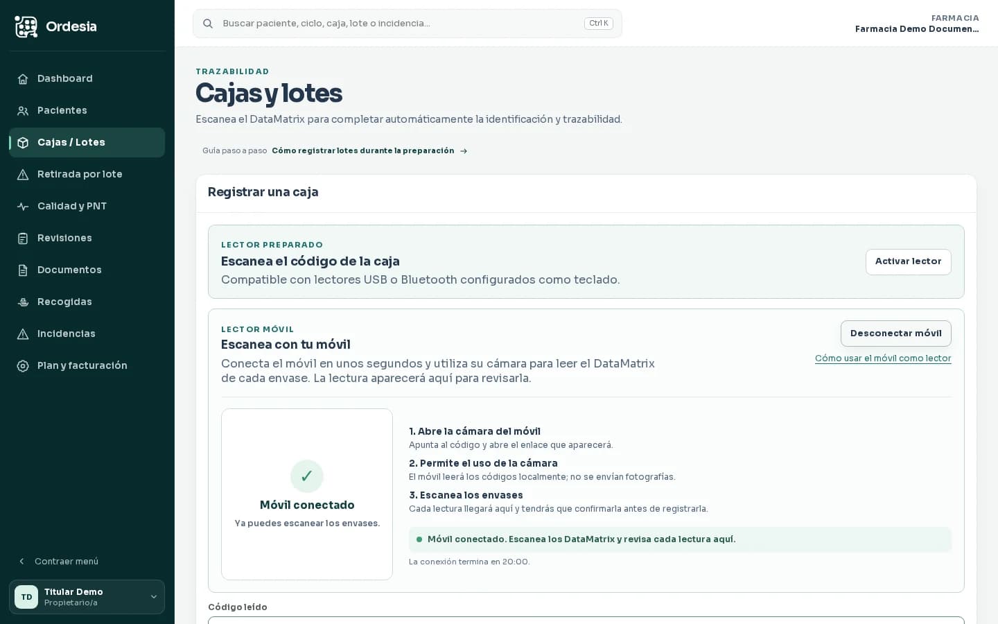 Pantalla ficticia de Ordesia Companion para continuar o desconectar la sesión del móvil